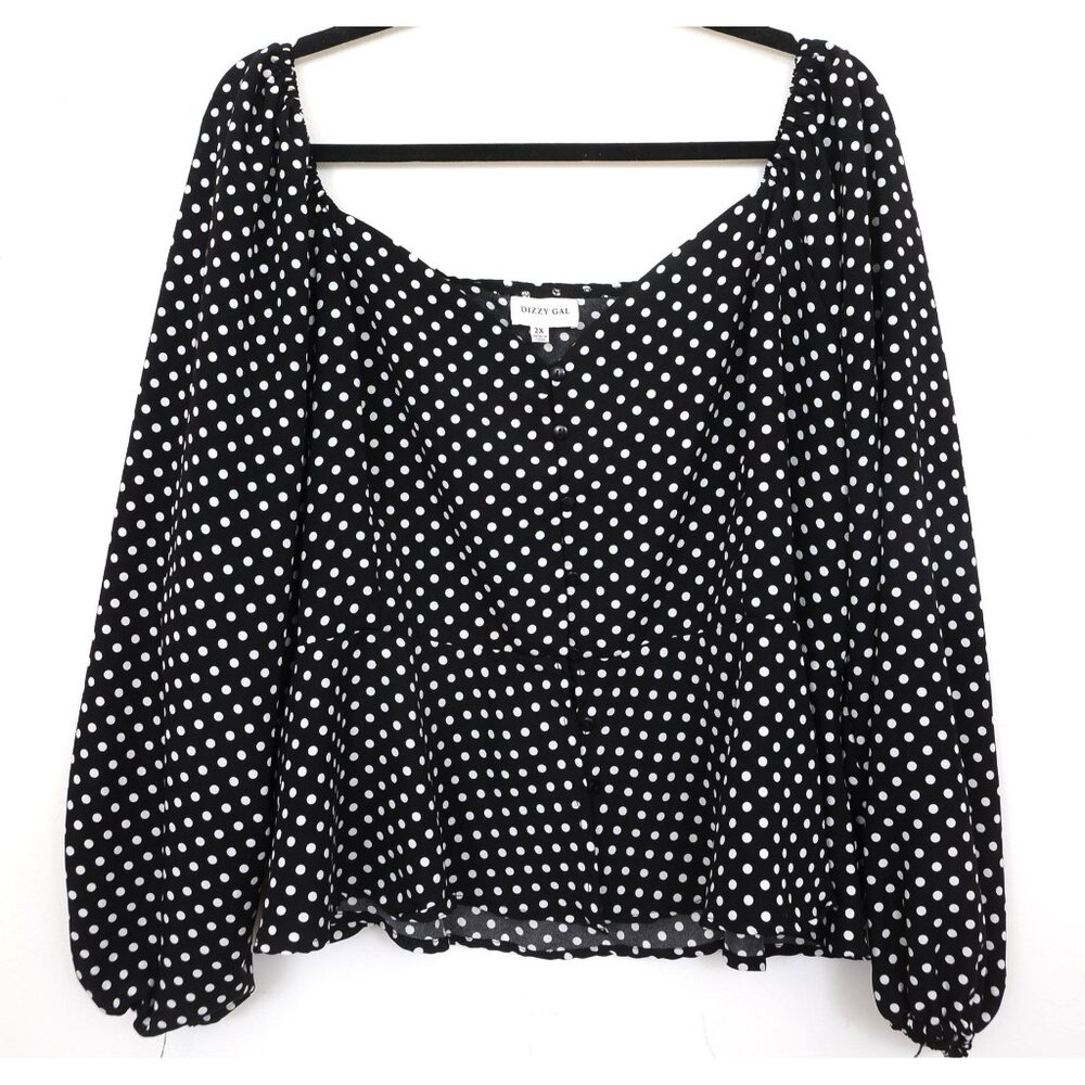 Dizzy Gal PLUS 2X Black/White Polka Dot Balloon Sleeveβ Button Front Blouse